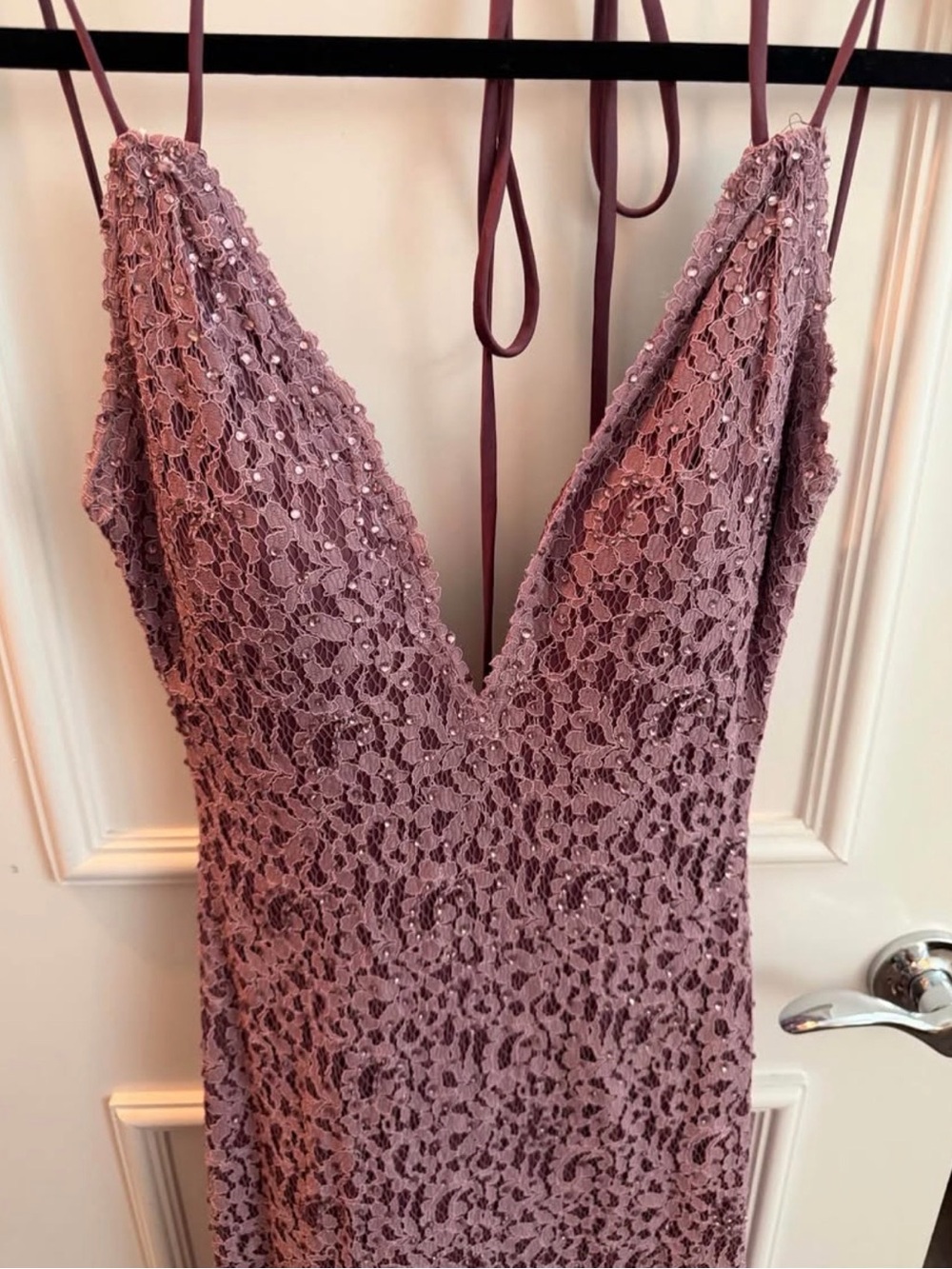 Jovani Mauve Lace Mermaid Gown with Spaghetti Straps - Picture 3 of 7